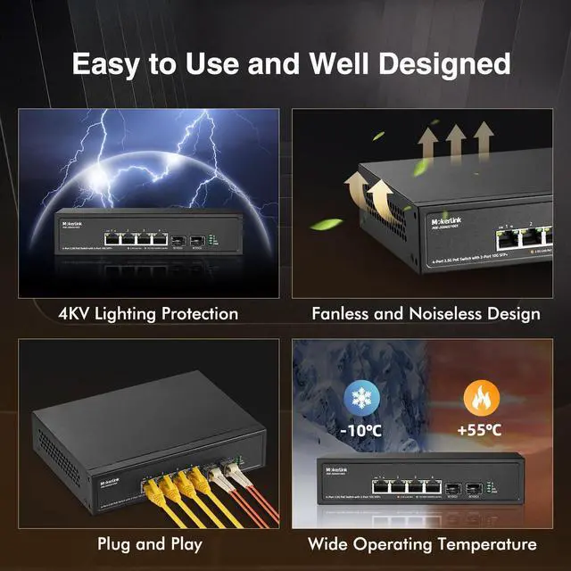 Alt view image 6 of 7 - 4 Port 2.5G PoE Switch with 2 Port 10G SFP+ Slot, 4 x 2.5G Base-T Ports Compatible with 10/100/1000Mbps, IEEE8023af/at PoE 78W, Metal Unmanaged Fanless Small Network Switch