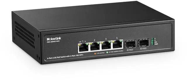 Main image of 4 Port 2.5G PoE Switch with 2 Port 10G SFP+ Slot, 4 x 2.5G Base-T Ports Compatible with 10/100/1000Mbps, IEEE8023af/at PoE 78W, Metal Unmanaged Fanless Small Network Switch