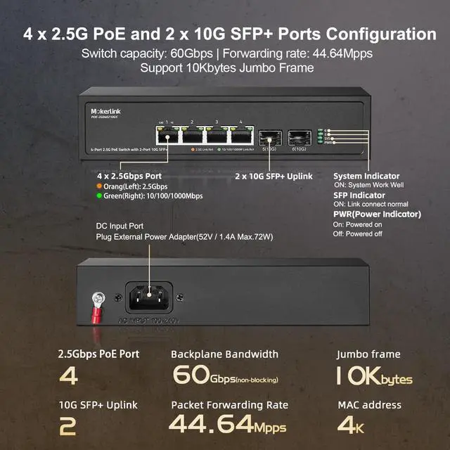 Alt view image 4 of 7 - 4 Port 2.5G PoE Switch with 2 Port 10G SFP+ Slot, 4 x 2.5G Base-T Ports Compatible with 10/100/1000Mbps, IEEE8023af/at PoE 78W, Metal Unmanaged Fanless Small Network Switch