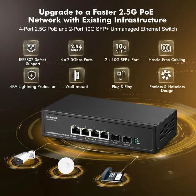 Alt view image 2 of 7 - 4 Port 2.5G PoE Switch with 2 Port 10G SFP+ Slot, 4 x 2.5G Base-T Ports Compatible with 10/100/1000Mbps, IEEE8023af/at PoE 78W, Metal Unmanaged Fanless Small Network Switch
