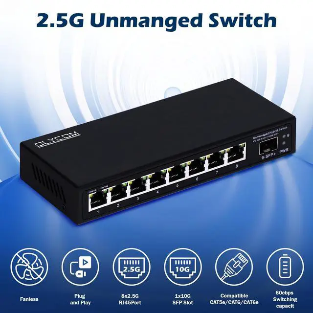 Alt view image 3 of 6 - 8 Port 2.5G Unmanaged Ethernet Switch 8x2.5GBase-T Ports 1x10G SFP+ Fiber Switch 60Gbps Bandwidth Desktop/Wall Mount Plug and Play Compatible with 100/1000/2500Mbps(9port| 8×2.5G + 1×10G SFP+)
