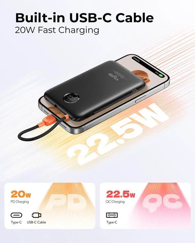 Alt view image 5 of 7 - Ultra Slim Portable Charger 10000 mah, 20W PD Small Power Bank Compact with Built-in USB C Cable Flight-Safe Travel Essential Battery Pack for iPhone 17/16/15 Samsung A16 S24 Android - Black