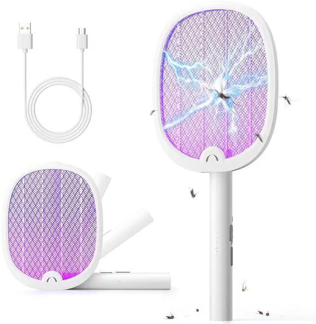 Main image of Electric Fly Swatter Foldable Bug Zapper Racket 2 in 1 Mosquito Killer with Purple Attractant Light Rechargeable 1800mAh for Indoor Home Backyard Patio Camping, White, WD-9002