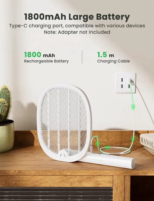Alt view image 2 of 7 - Electric Fly Swatter Foldable Bug Zapper Racket 2 in 1 Mosquito Killer with Purple Attractant Light Rechargeable 1800mAh for Indoor Home Backyard Patio Camping, White, WD-9002