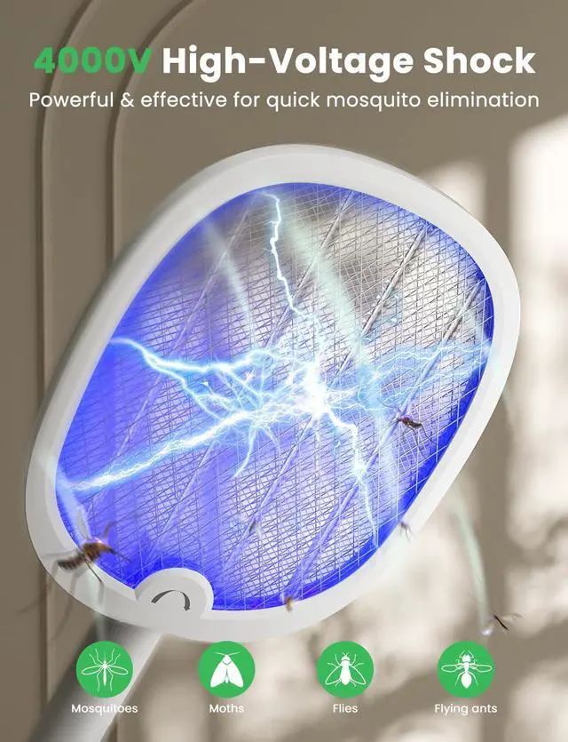 Alt view image 4 of 7 - Electric Fly Swatter Foldable Bug Zapper Racket 2 in 1 Mosquito Killer with Purple Attractant Light Rechargeable 1800mAh for Indoor Home Backyard Patio Camping, White, WD-9002