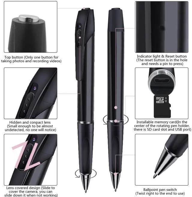 Alt view image 6 of 6 - Hidden Spy Camera Pen, Nanny Camera, Portable Security Cam with Loop Recording, No WiFi up to 32GB SD Card(Not Included)