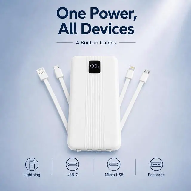 Alt view image 2 of 7 - 10000mAh Portable Charger with 4 Built-in Cables, 22.5W Fast Charging Power Bank, LED Display, Slim Travel Battery Pack for iPhone 17/16/15/14, Samsung Galaxy, iPad & More