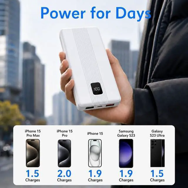 Alt view image 3 of 7 - 10000mAh Portable Charger with 4 Built-in Cables, 22.5W Fast Charging Power Bank, LED Display, Slim Travel Battery Pack for iPhone 17/16/15/14, Samsung Galaxy, iPad & More
