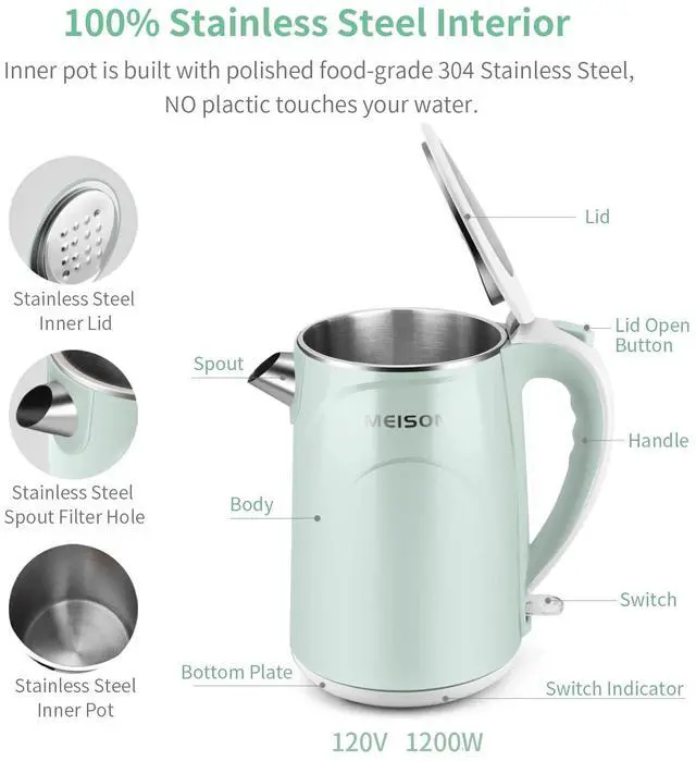Alt view image 2 of 7 - Electric Kettle, 1.7 L Double Wall Food Grade Stainless Steel Interior Water Boiler, Coffee Pot & Tea Kettle, Auto Shut-Off and Boil-Dry Protection, 1200W, 2 Year Warranty(Blue)