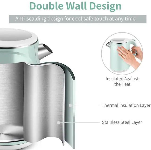 Alt view image 3 of 7 - Electric Kettle, 1.7 L Double Wall Food Grade Stainless Steel Interior Water Boiler, Coffee Pot & Tea Kettle, Auto Shut-Off and Boil-Dry Protection, 1200W, 2 Year Warranty(Blue)