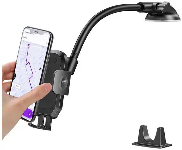 Main image of Car Phone Holder, 2 in 1 Super Suction Dash Vehicle Dashboard Windshield Air Vent Cellphone Stand, Gooseneck Long Arm Anti-Shake Automotive Smartphones Mount, Universal Fit (Black)