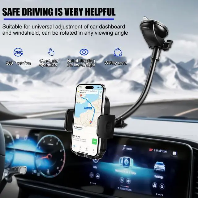 Alt view image 2 of 6 - Car Phone Holder, 2 in 1 Super Suction Dash Vehicle Dashboard Windshield Air Vent Cellphone Stand, Gooseneck Long Arm Anti-Shake Automotive Smartphones Mount, Universal Fit (Black)