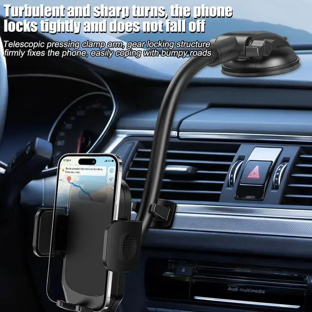 Alt view image 3 of 6 - Car Phone Holder, 2 in 1 Super Suction Dash Vehicle Dashboard Windshield Air Vent Cellphone Stand, Gooseneck Long Arm Anti-Shake Automotive Smartphones Mount, Universal Fit (Black)