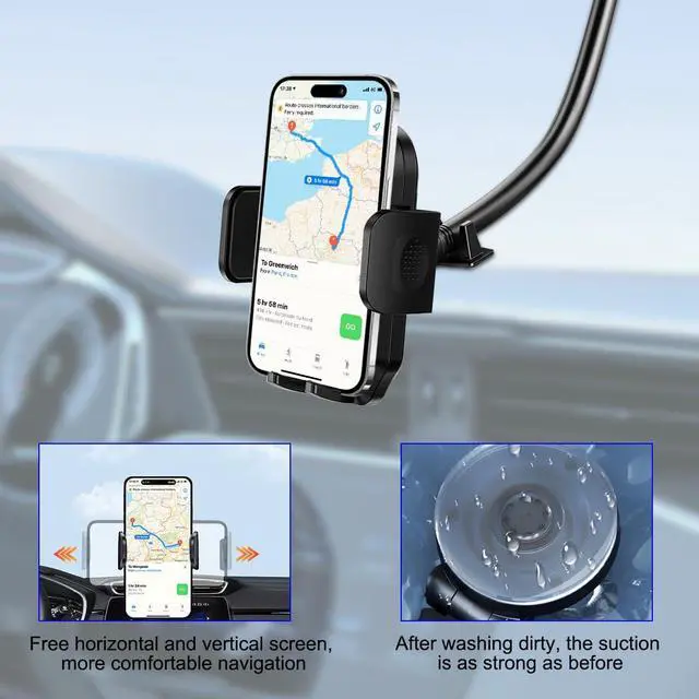 Alt view image 5 of 6 - Car Phone Holder, 2 in 1 Super Suction Dash Vehicle Dashboard Windshield Air Vent Cellphone Stand, Gooseneck Long Arm Anti-Shake Automotive Smartphones Mount, Universal Fit (Black)