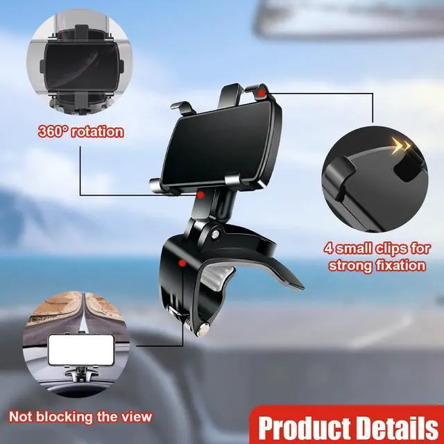 Alt view image 3 of 6 - Car Phone Mount, 360° Rotatable ABS Auto Rearview Mirror Cellphone Bracket Clip with Non-Slip Base, Multifunctional Vehicle Interior Dash Phone Holder for 3 to 7 Inch Smartphones