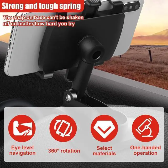 Alt view image 4 of 6 - Car Phone Mount, 360° Rotatable ABS Auto Rearview Mirror Cellphone Bracket Clip with Non-Slip Base, Multifunctional Vehicle Interior Dash Phone Holder for 3 to 7 Inch Smartphones