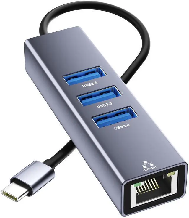 Main image of USB C to Ethernet Adapter with 3xUSB-A3.0, 4 in 1 Gigabit LAN Network Adapter, USB Ethernet Adapter for Laptop, RJ45 to USBC Cable Compatible with iPhone 15/16/17, MacBook, Dell, HP and More
