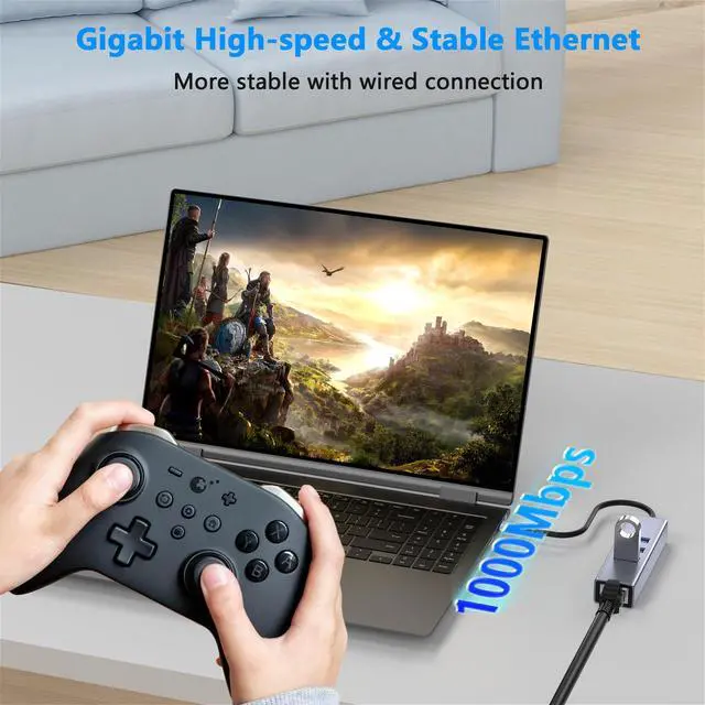 Alt view image 4 of 7 - USB C to Ethernet Adapter with 3xUSB-A3.0, 4 in 1 Gigabit LAN Network Adapter, USB Ethernet Adapter for Laptop, RJ45 to USBC Cable Compatible with iPhone 15/16/17, MacBook, Dell, HP and More