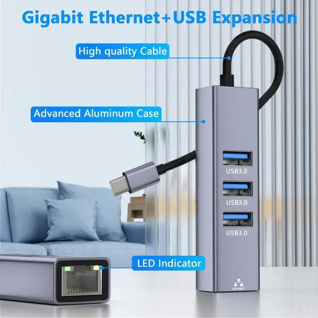 Alt view image 6 of 7 - USB C to Ethernet Adapter with 3xUSB-A3.0, 4 in 1 Gigabit LAN Network Adapter, USB Ethernet Adapter for Laptop, RJ45 to USBC Cable Compatible with iPhone 15/16/17, MacBook, Dell, HP and More
