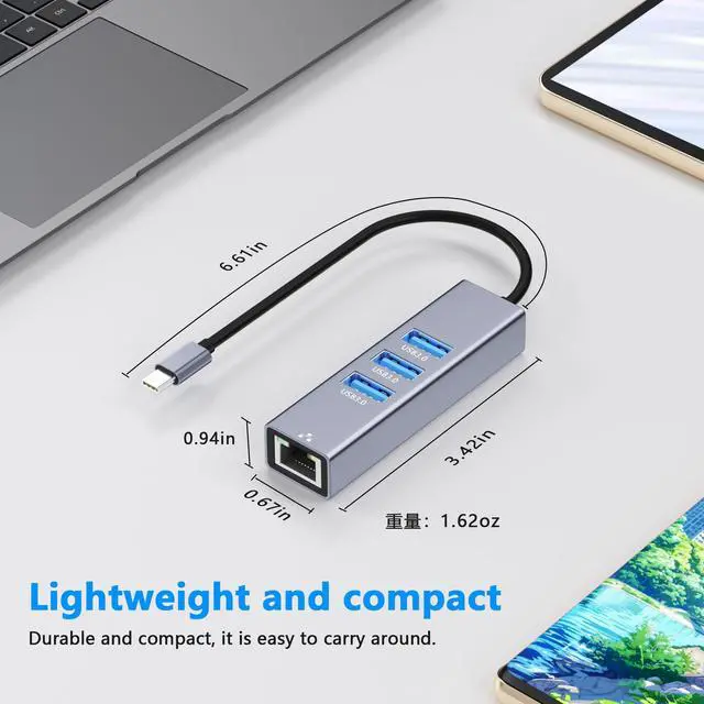 Alt view image 7 of 7 - USB C to Ethernet Adapter with 3xUSB-A3.0, 4 in 1 Gigabit LAN Network Adapter, USB Ethernet Adapter for Laptop, RJ45 to USBC Cable Compatible with iPhone 15/16/17, MacBook, Dell, HP and More