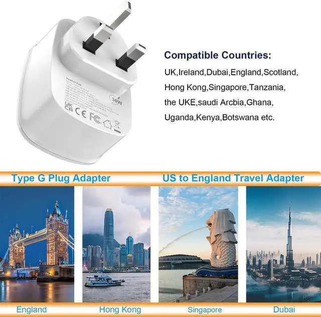 Alt view image 2 of 6 - Type G Adapter for Travel PD30W Fast Charger US to UK Plug Adapter Outlet Converter with Multi USB Port, Electrical Outlet Adapter for Ireland Dubai England Travel Cruise Essential