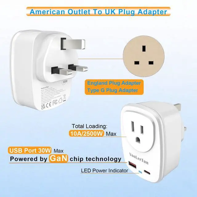 Alt view image 3 of 6 - Type G Adapter for Travel PD30W Fast Charger US to UK Plug Adapter Outlet Converter with Multi USB Port, Electrical Outlet Adapter for Ireland Dubai England Travel Cruise Essential