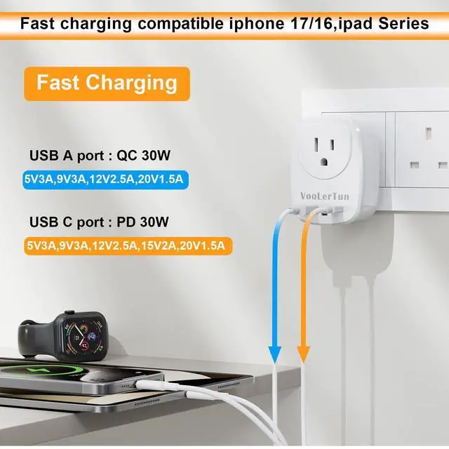 Alt view image 4 of 6 - Type G Adapter for Travel PD30W Fast Charger US to UK Plug Adapter Outlet Converter with Multi USB Port, Electrical Outlet Adapter for Ireland Dubai England Travel Cruise Essential