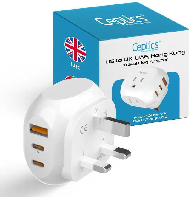 Main image of UK, Ireland Travel Plug Adapter - 5 Input with 20W PD-QC 3.1A Dual USB-C and USB - Light Weight - USA to Any Type G Countries Such as Hong Kong, England and More (PTU-7), White