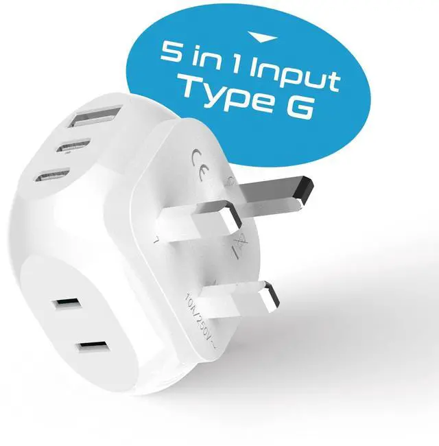 Alt view image 2 of 6 - UK, Ireland Travel Plug Adapter - 5 Input with 20W PD-QC 3.1A Dual USB-C and USB - Light Weight - USA to Any Type G Countries Such as Hong Kong, England and More (PTU-7), White