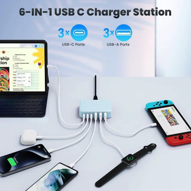 Alt view image 3 of 7 - USB C Charger Block 108W Super Fast,Upgraded GaN III 6 Port USB C Charging Station,3xQC+3xPD Type C Fast Phone Charging Hub Adapter Compatible with iPhone 15 Pro 14 13 12,Android Samsung (Pale Blue)