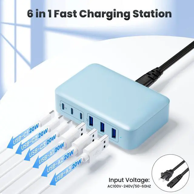 Alt view image 7 of 7 - USB C Charger Block 108W Super Fast,Upgraded GaN III 6 Port USB C Charging Station,3xQC+3xPD Type C Fast Phone Charging Hub Adapter Compatible with iPhone 15 Pro 14 13 12,Android Samsung (Pale Blue)