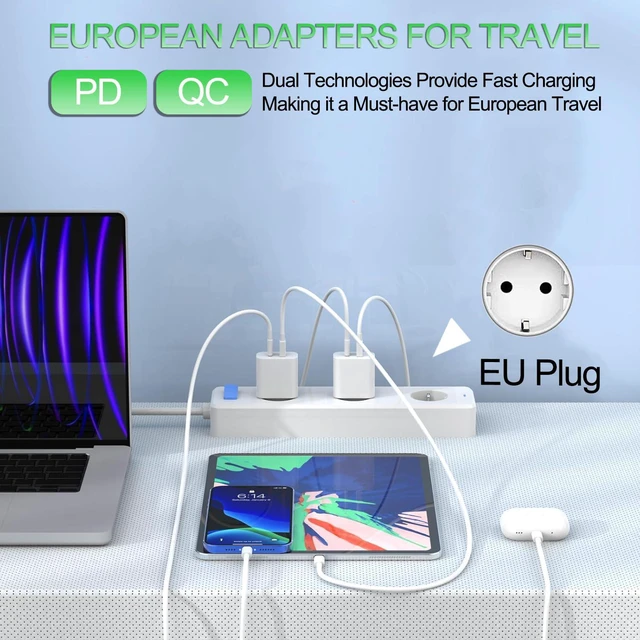 Alt view image 2 of 7 - 2 Pack European Charger, PD20W QC18W European Travel Plug Adapter USB C | European Plug Adapter USB C Europe Charger Fast Charging for iPhone 18 17 16 15 14 13 12 11 Pro Max, iPad, Galaxy, LG, Pixel