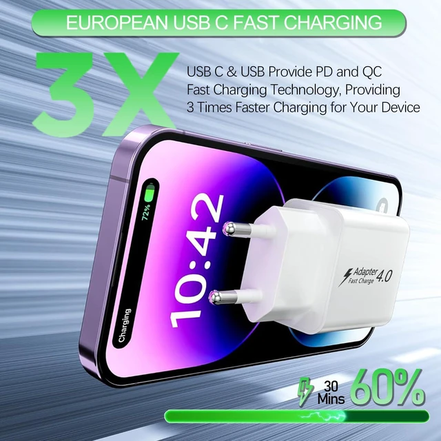 Alt view image 3 of 7 - 2 Pack European Charger, PD20W QC18W European Travel Plug Adapter USB C | European Plug Adapter USB C Europe Charger Fast Charging for iPhone 18 17 16 15 14 13 12 11 Pro Max, iPad, Galaxy, LG, Pixel