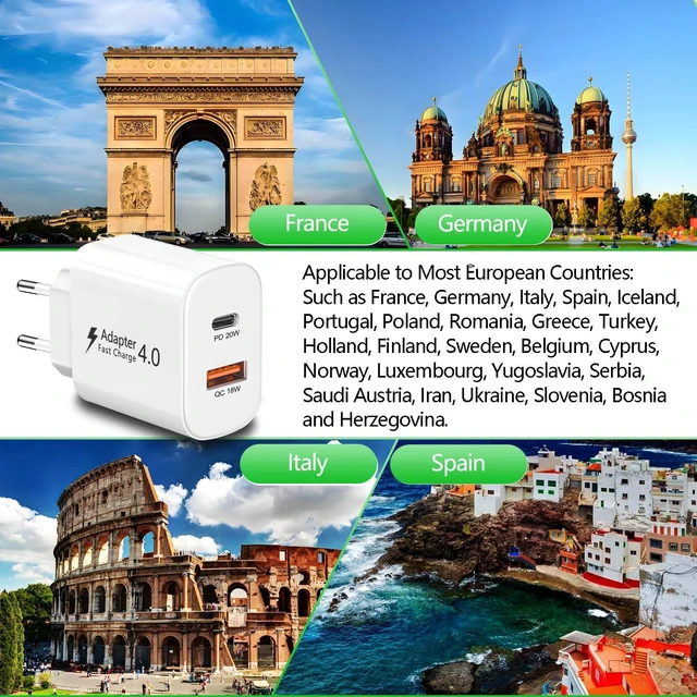 Alt view image 4 of 7 - 2 Pack European Charger, PD20W QC18W European Travel Plug Adapter USB C | European Plug Adapter USB C Europe Charger Fast Charging for iPhone 18 17 16 15 14 13 12 11 Pro Max, iPad, Galaxy, LG, Pixel