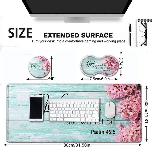 Alt view image 2 of 7 - Large Mouse Pad, Extended Office Desk Pad, 31.5x11.8in, Ergonomic Memory Foam Mouse Wrist Rest Support for Home Office Computer Writing Pad Cute Psalm 465 Pink Hyacinth Pattern XXL Gaming Mouse Mat