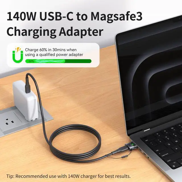 Alt view image 2 of 7 - 140W USB-C to Magsafe 3 Adapter with LED Light, Portable and Lightweight Magnetic3 Adapter Fit for MacBook Pro M5 M4 M3 M2 M1 (2021-2025) 14"/16", MacBook Air M4 M3 M2 (2022-2025) 13"/15"