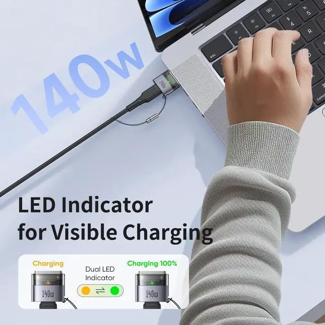 Alt view image 3 of 7 - 140W USB-C to Magsafe 3 Adapter with LED Light, Portable and Lightweight Magnetic3 Adapter Fit for MacBook Pro M5 M4 M3 M2 M1 (2021-2025) 14"/16", MacBook Air M4 M3 M2 (2022-2025) 13"/15"