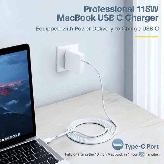 Alt view image 2 of 7 - Mac Book Pro Charger - 118W USB C Fast Charger Power Adapter Compatible with MacBook Pro & MacBook Air 13, 14, 15, 16 inch, M1 M2 M3 M4 M5, New ipad Pro and All USB C Device, 6.6ft Charge Cable