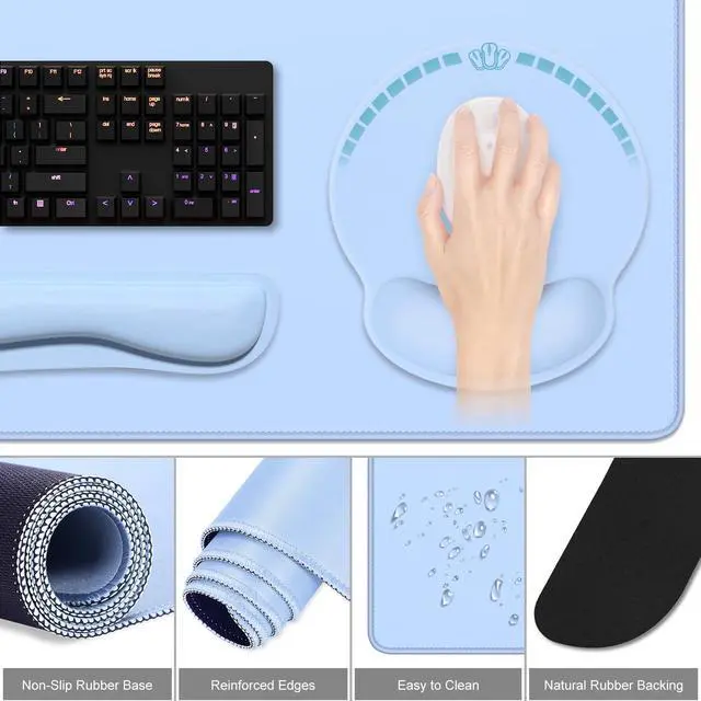 Alt view image 3 of 7 - Large Gaming Mouse Pad, Mouse Pads with Wrist Rest Wrist Support, 4in1 Big XXL Desk Mat Desk Pad + Ergonomic MousePad + Memory Foam Keyboard Mat Wrist Rest + Coaster Set for Computer,Sky Blue