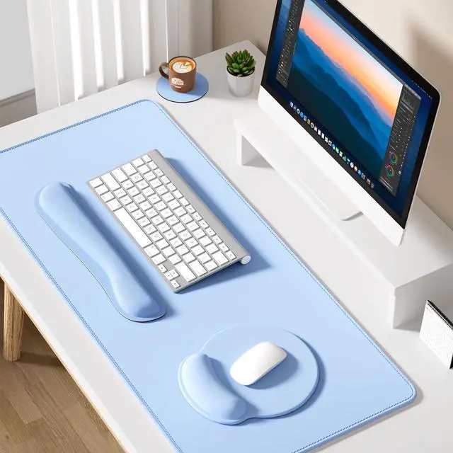 Alt view image 7 of 7 - Large Gaming Mouse Pad, Mouse Pads with Wrist Rest Wrist Support, 4in1 Big XXL Desk Mat Desk Pad + Ergonomic MousePad + Memory Foam Keyboard Mat Wrist Rest + Coaster Set for Computer,Sky Blue