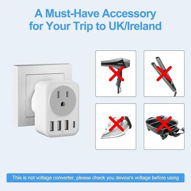 Alt view image 6 of 7 - UK Ireland Travel Plug Adapter, RATEA Type G Power Adaptor with 3 USB-A, 1 USB-C Outlet Charger for US to Scotland London England British Irish Kenya Dubai Qatar HongKong Plug Converter