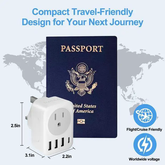 Alt view image 5 of 7 - UK Ireland Travel Plug Adapter, RATEA Type G Power Adaptor with 3 USB-A, 1 USB-C Outlet Charger for US to Scotland London England British Irish Kenya Dubai Qatar HongKong Plug Converter