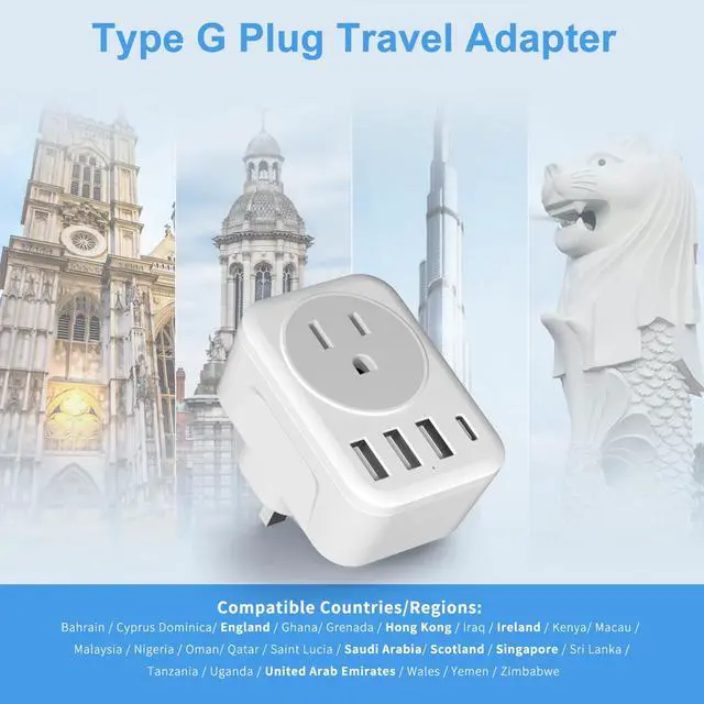 Alt view image 2 of 7 - UK Ireland Travel Plug Adapter, RATEA Type G Power Adaptor with 3 USB-A, 1 USB-C Outlet Charger for US to Scotland London England British Irish Kenya Dubai Qatar HongKong Plug Converter