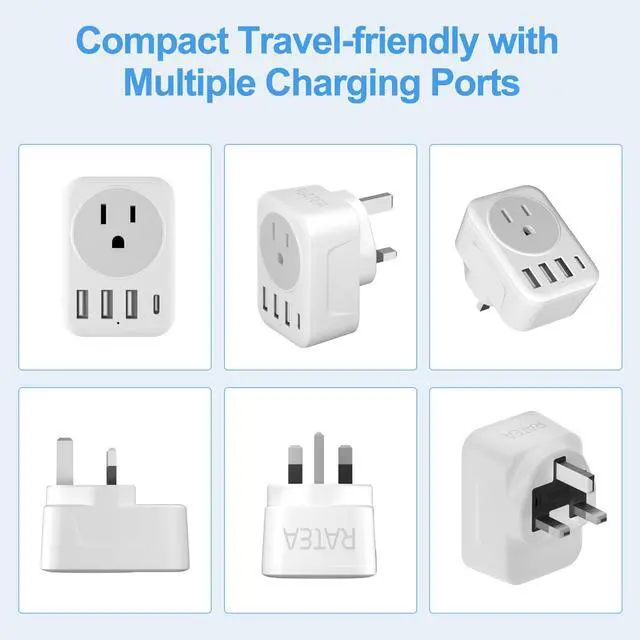 Alt view image 7 of 7 - UK Ireland Travel Plug Adapter, RATEA Type G Power Adaptor with 3 USB-A, 1 USB-C Outlet Charger for US to Scotland London England British Irish Kenya Dubai Qatar HongKong Plug Converter