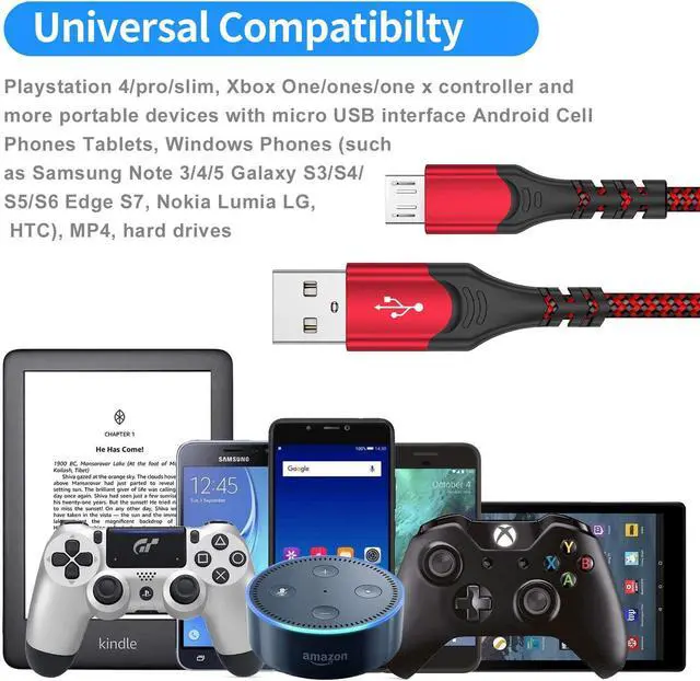 Alt view image 7 of 7 - PS4 Controller Charger Charging Cable 2 Pack 10FT Nylon Braided Micro USB 2.0 High Speed Data Sync Cord for PlayStation DualShock 4, Xbox One S/X Controller, Android Phones