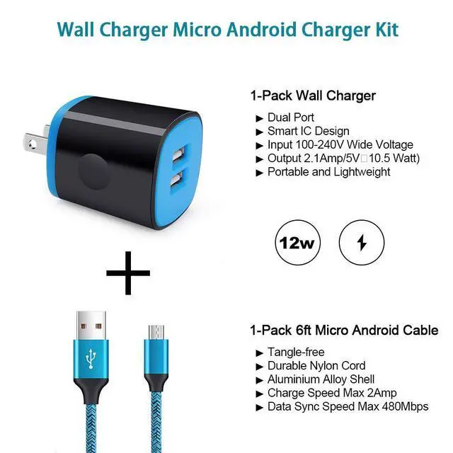 Alt view image 3 of 7 - Android Charger Fast Charging Micro USB Cable, 6FT Nylon Micro Cord Wall Charger Block, AbcPow 2.1A Power Adapter with Phone Cord Compatible for Samsung Galaxy S7 S6 J7 J3 Note 5, LG G4, HTC