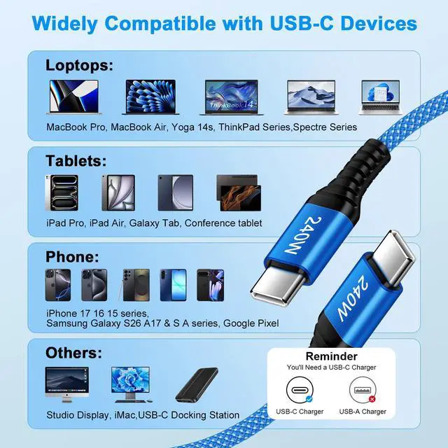 Alt view image 6 of 7 - for Samsung Galaxy S26 Ultra Charger Cable 10FT, 240W Super Fast Charging USB C to USB C Cable Long Android Charger Phone Power Cord for Samsung Galaxy S26 S26+ A37 A57 S25 FE Plus A17 A16 S24 S23 A36