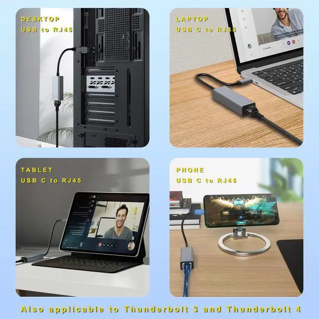 Alt view image 4 of 5 - USB Ethernet Adapter USB C Hub for Mac Tablets PC, Ethernet Adapter to USB-C Laptop 1 Gigabit for MacBook Pro/Air Surface, USBC Hub Dongle Compatible for Thunderbolt 3/4 to RJ45 Network100/1000Mbps