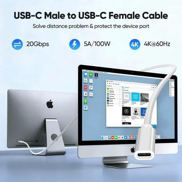 Alt view image 2 of 7 - USB C Extension Cable 3ft, USB C 3.2 Extender 20Gbps Data Transfer 4K@60Hz Video 100W Fast Charging Type C Full-Featured Male to Female Cord for iPhone 17/16/15 Galaxy S26-S8 PS5 Hub Laptop Monitor