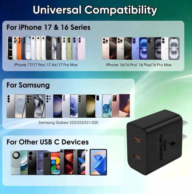 Alt view image 4 of 7 - Super Fast Charger USB C, 2-Pack 45W USB C Charger with 6FT C to C Cable, Dual Port Fast Charger USB C for Samsung Galaxy S26/S25/S24/S23/S22/S21/S20/Plus/Ultra,Android,Galaxy Tablet,iPhone 17/16/15